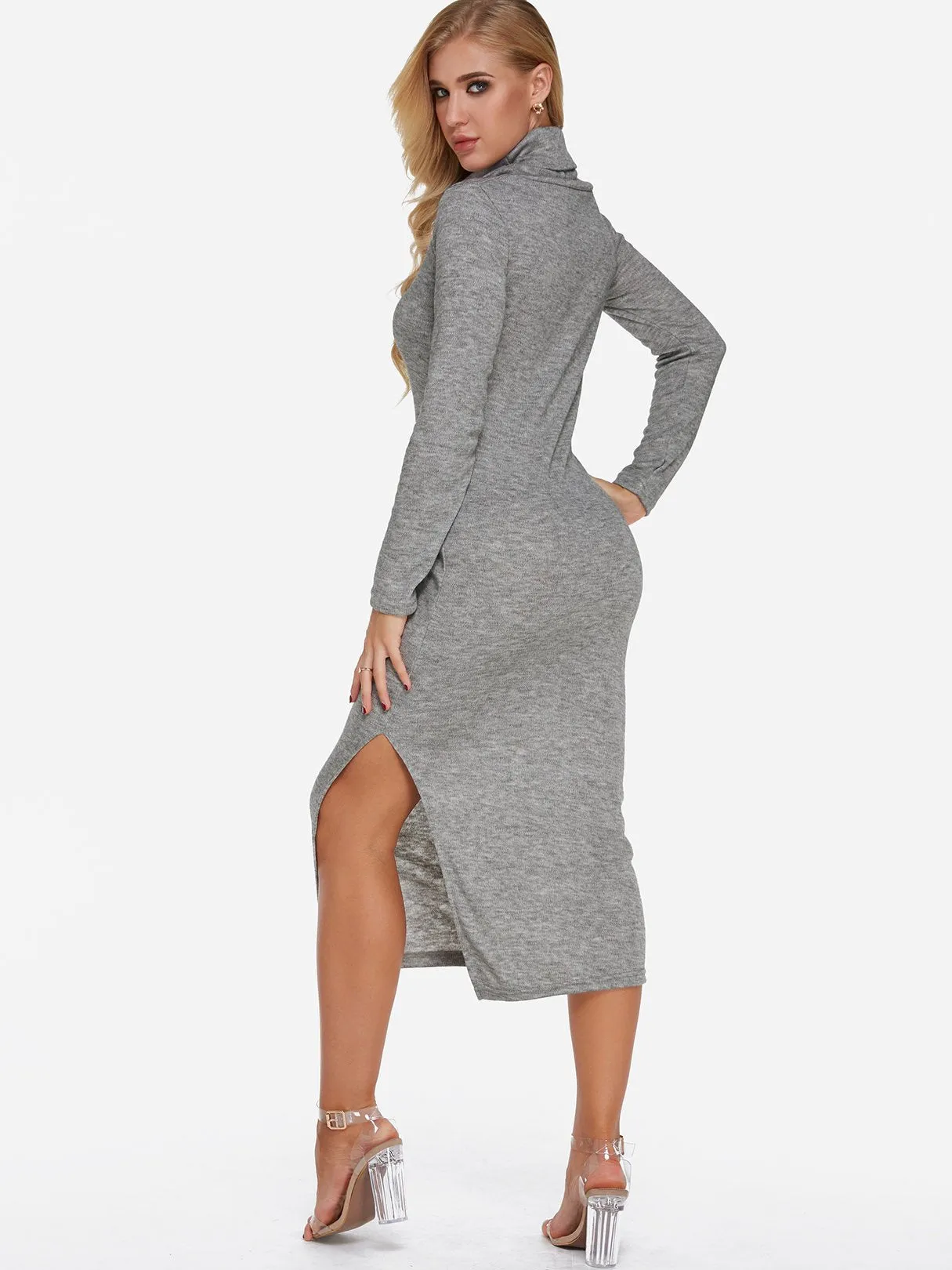 Wholesale Grey Long Sleeve Slit Maxi Dress