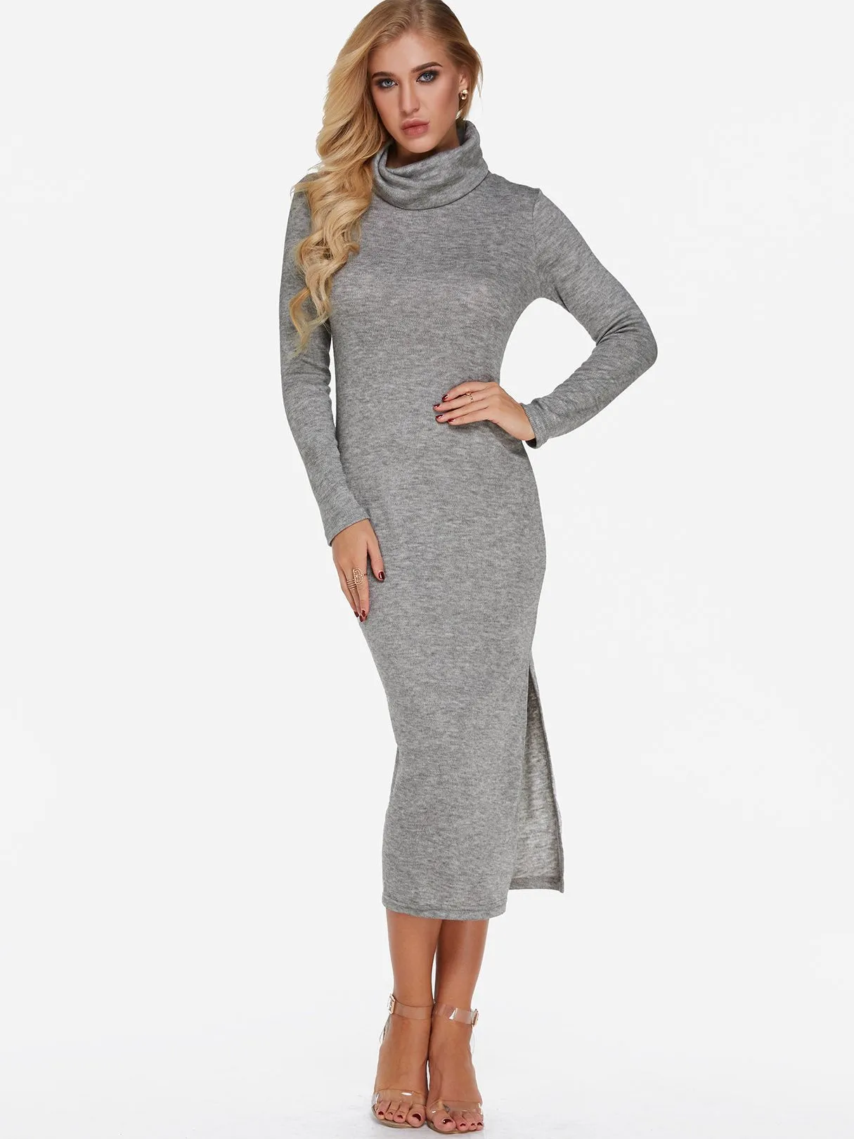 Wholesale Grey Long Sleeve Slit Maxi Dress