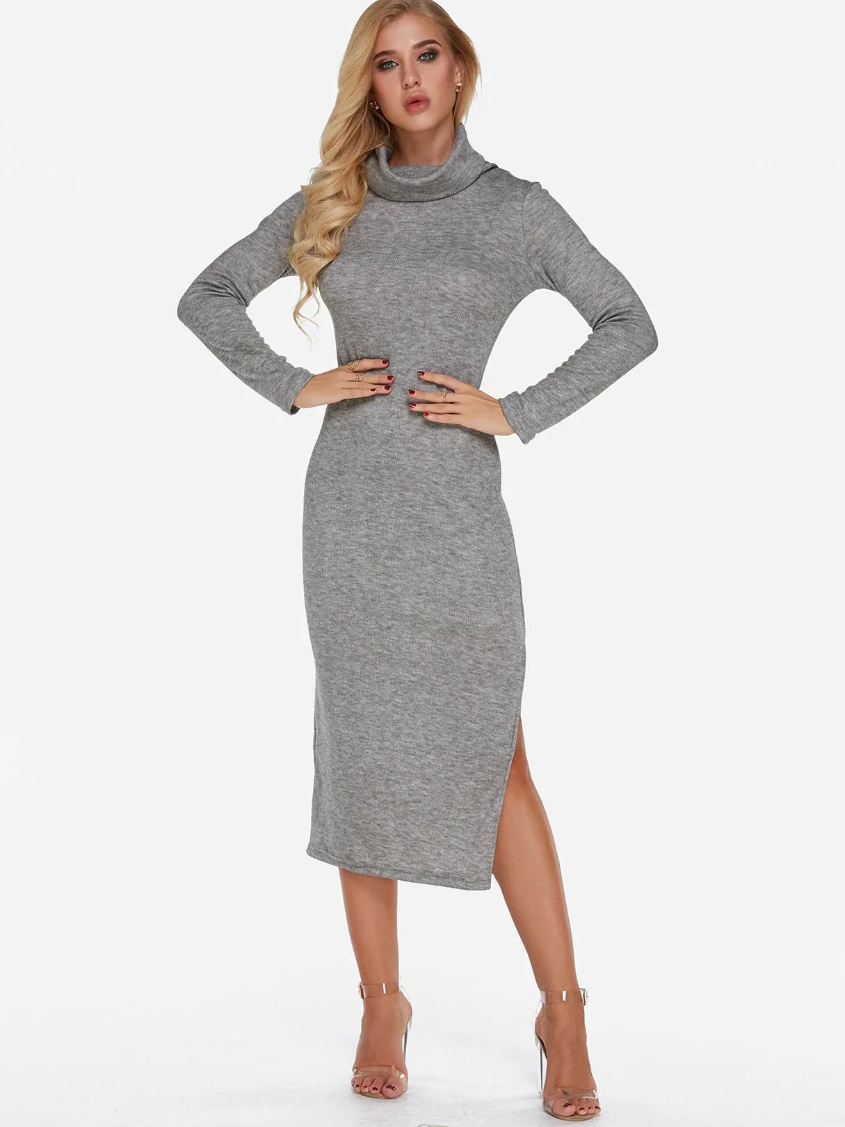 Wholesale Grey Long Sleeve Slit Maxi Dress