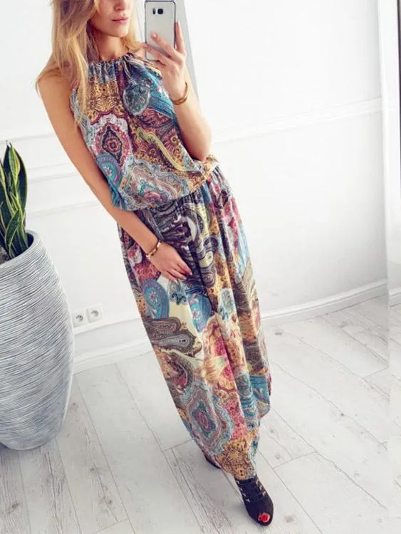 Wholesale Halter Sleeveless Floral Print Maxi Dresses