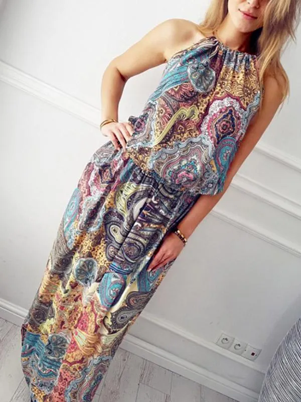 Wholesale Halter Sleeveless Floral Print Maxi Dresses