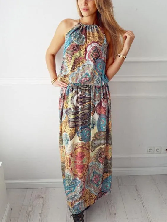 Wholesale Halter Sleeveless Floral Print Maxi Dresses