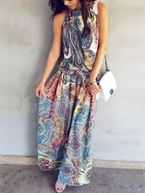 Wholesale Halter Sleeveless Floral Print Maxi Dresses