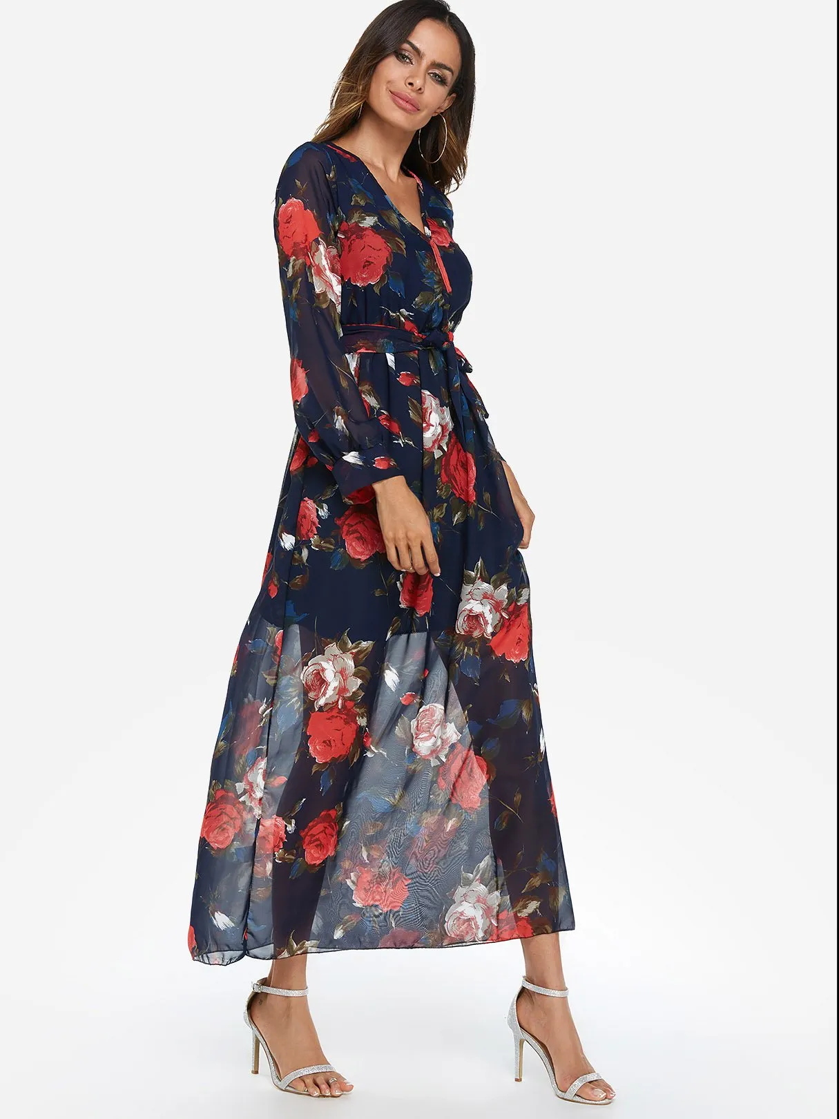 Wholesale Navy V-Neck Long Sleeve Floral Print Belt Maxi Dress