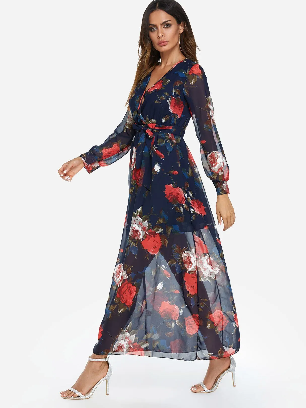 Wholesale Navy V-Neck Long Sleeve Floral Print Belt Maxi Dress