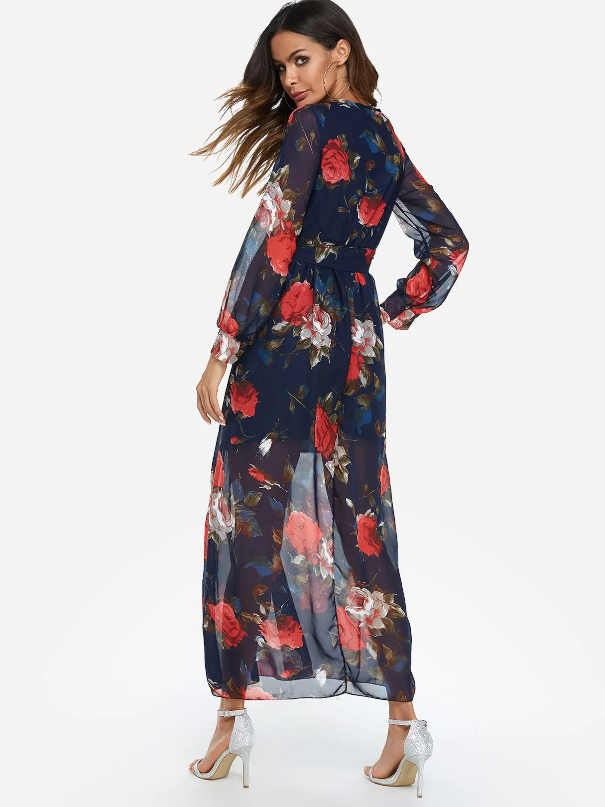 Wholesale Navy V-Neck Long Sleeve Floral Print Belt Maxi Dress