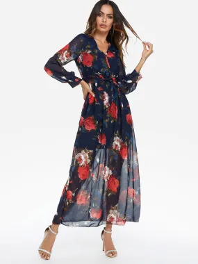 Wholesale Navy V-Neck Long Sleeve Floral Print Belt Maxi Dress