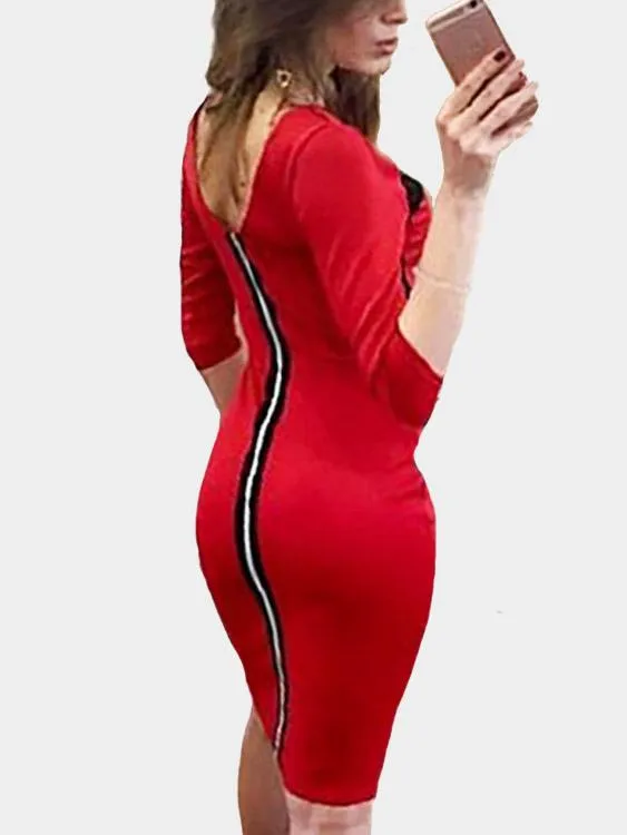 Wholesale Round Neck 3/4 Length Sleeve Bodycon Hem Red Dresses