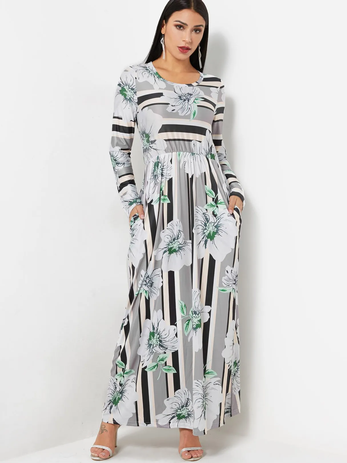 Wholesale Round Neck Long Sleeve Floral Print Side Pockets Flounced Hem Maxi Dress