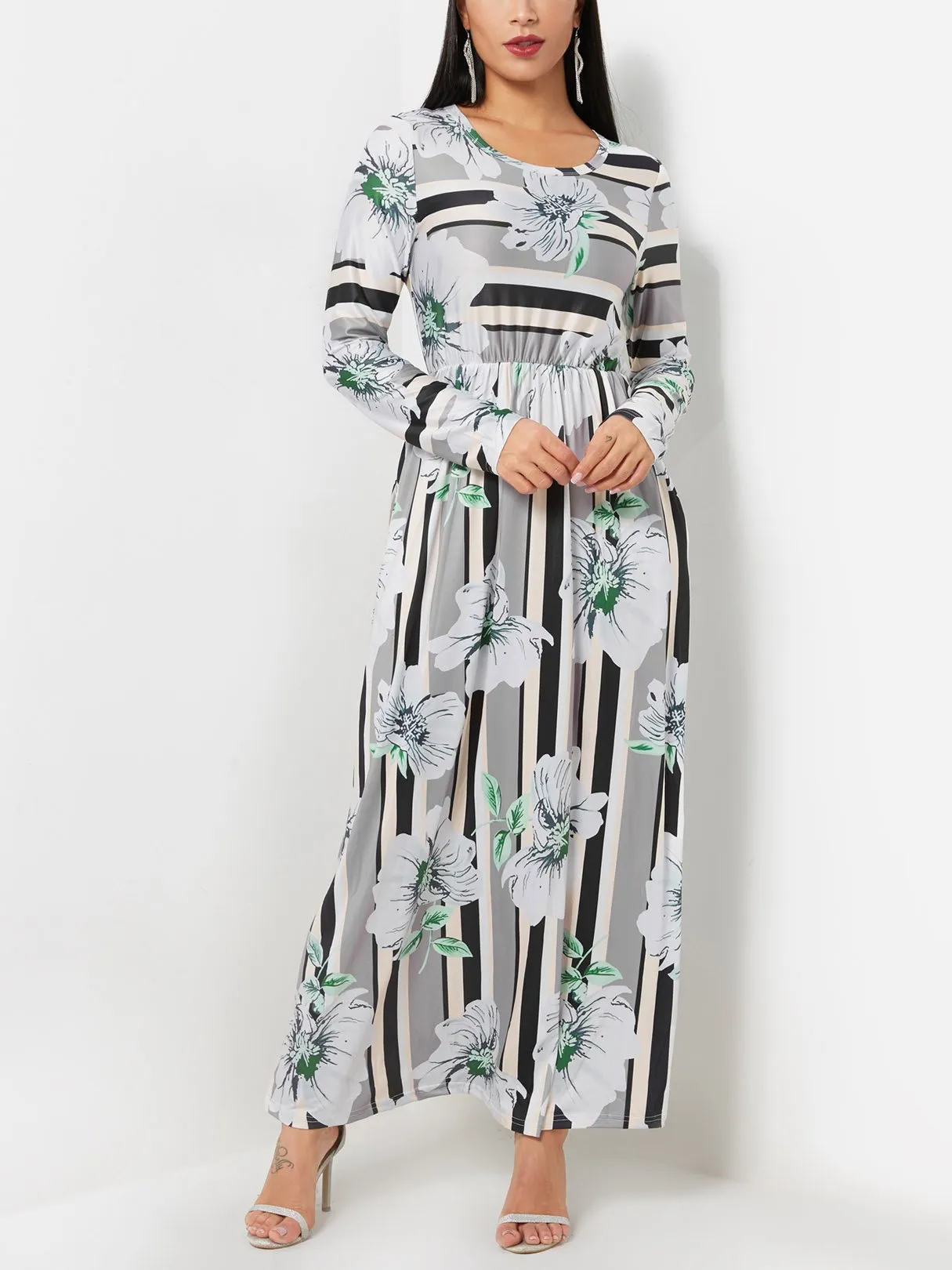 Wholesale Round Neck Long Sleeve Floral Print Side Pockets Flounced Hem Maxi Dress