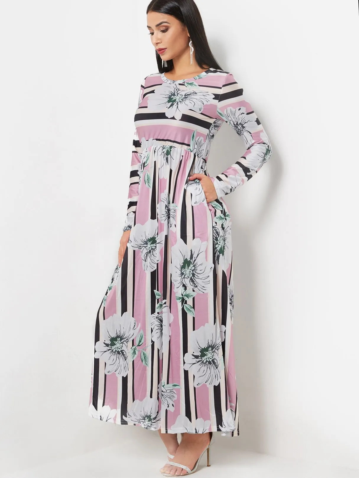 Wholesale Round Neck Long Sleeve Floral Print Side Pockets Flounced Hem Maxi Dress