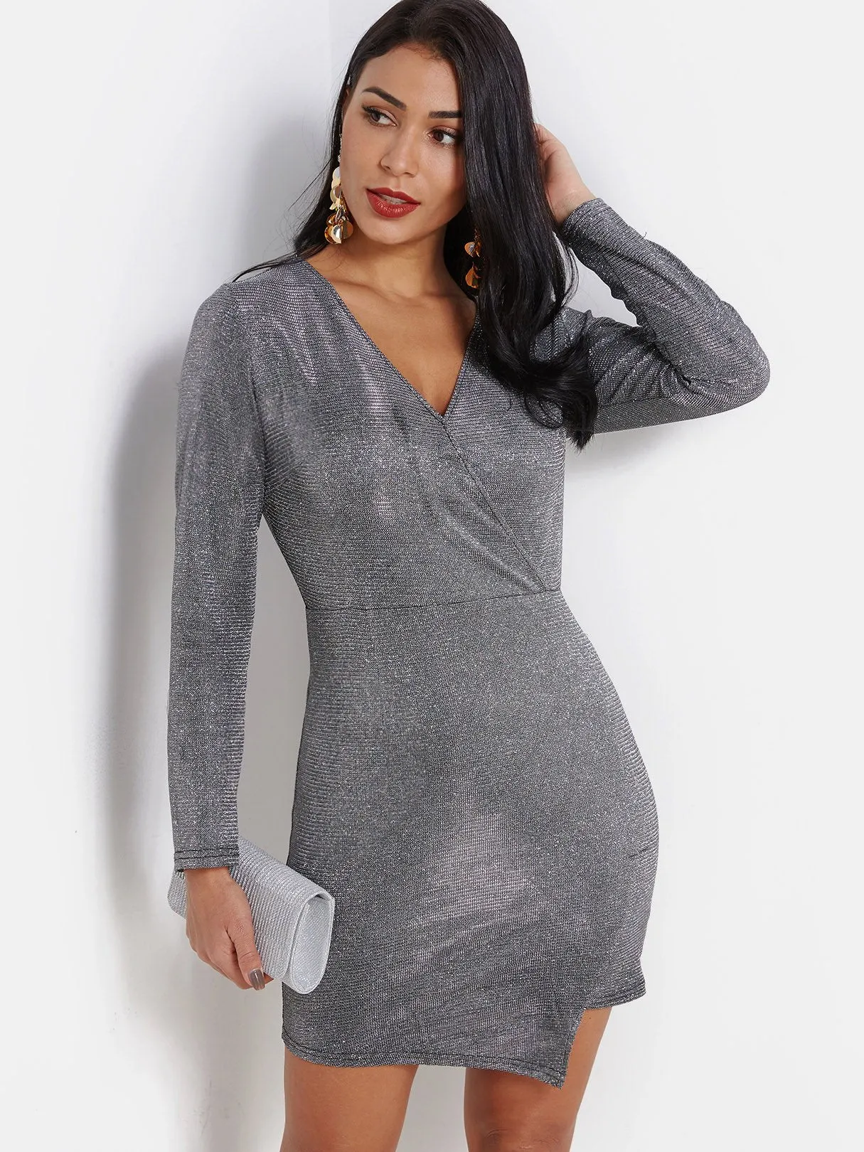 Wholesale Silver V-Neck Long Sleeve Crossed Front Irregular Hem Dresses