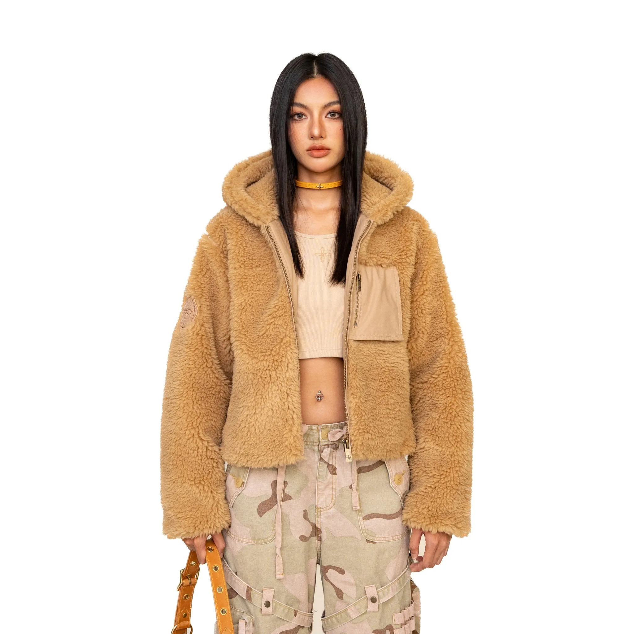 WildWorld Adventure Faux Fur Short Hoodie In Ginger