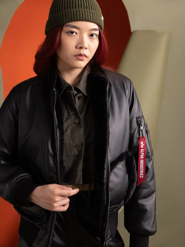 WOMEN'S REVERSIBLE FAUX LEATHER MA-1 BOMBER JACKET